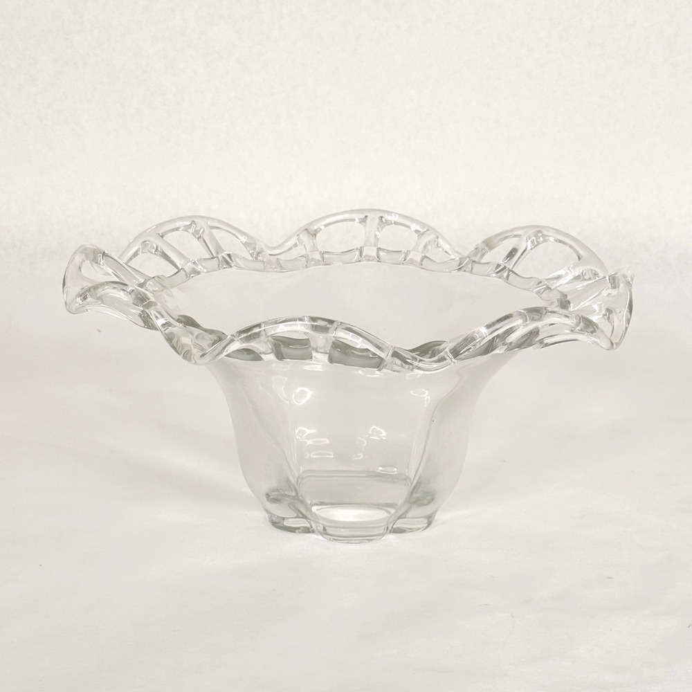 Vintage Clear Glass Bowl Lattice Ruffle Edge Openwork 10.5" Centerpiece Lace